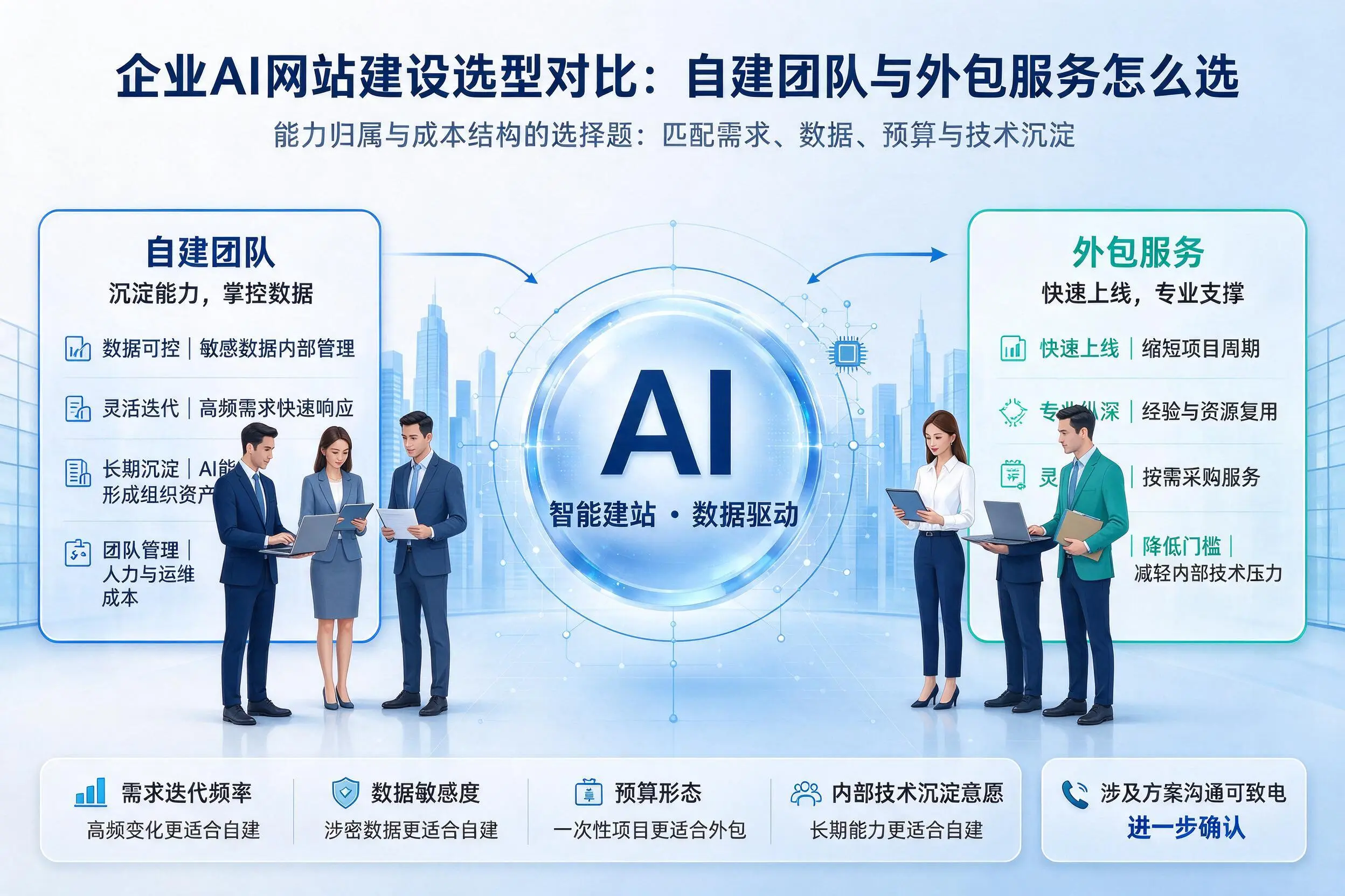 衡水企业AI网站建设选型对比:自建团队与外包服务怎么选